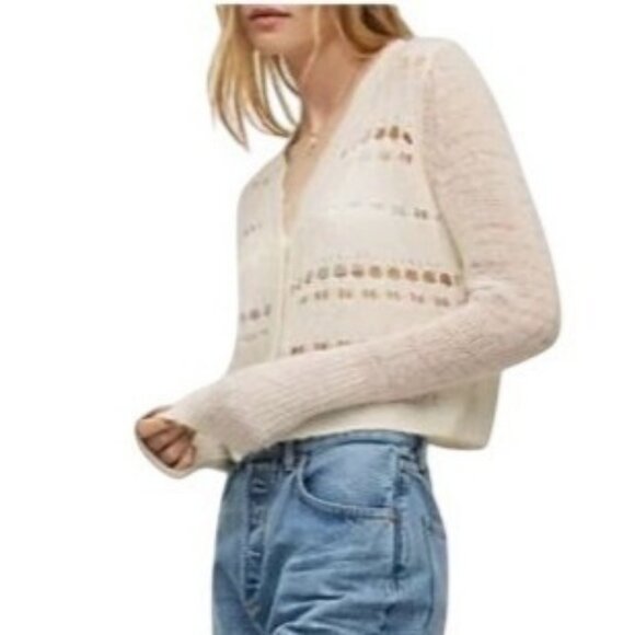 ALLSAINTS Cole Wool and Alpaca Cropped Cardigan Sweater XS Open Knit Chalk White - Picture 2 of 12